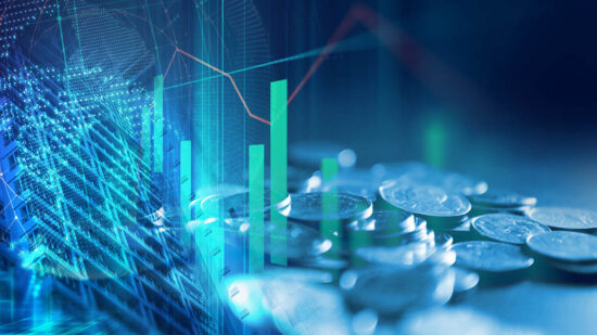 pile of coins on technology financial graph background.