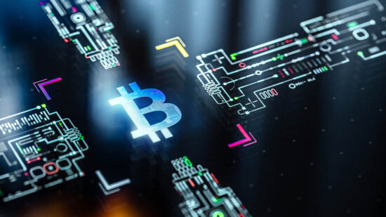 Bitcoin symbol on digital display. Crypto currency and digital wallets background. Block chain in world of technological progress and innovation