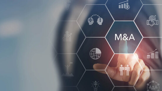 Business mergers and acquisitions concept. Share acquisition, asset business acquisition, amalgamation. Business review and development model. The abbreviation M and A on smart background, copy space.
