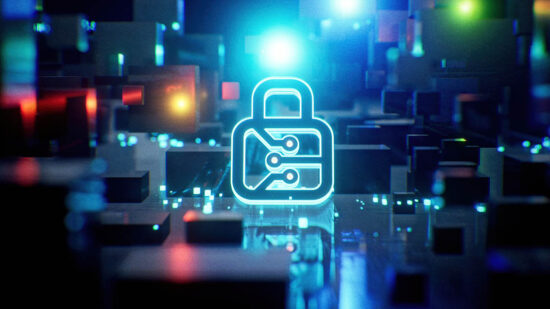 Cybersecurity and encryption background, featuring PCB lock icon on a vibrant blue background highlighting data protection and digital safety.