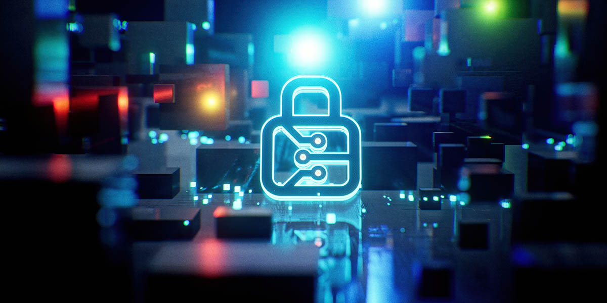 Cybersecurity and encryption background, featuring PCB lock icon on a vibrant blue background highlighting data protection and digital safety.