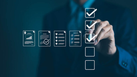 Quality Assurance and Document Control with Checklist Icons. Businessman mark off items on digital checklist, representing quality assurance and document control processes, verification and compliance