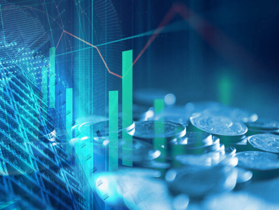 pile of coins on technology financial graph background.