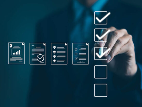 Quality Assurance and Document Control with Checklist Icons. Businessman mark off items on digital checklist, representing quality assurance and document control processes, verification and compliance