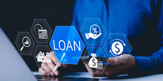 Loan and lending cash for asset purchase concept. Digital interface featuring loan and financial icons, lending, interest rates, asset purchases, and financial management for individuals or businesses