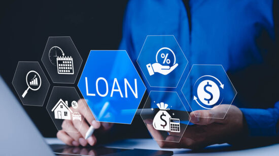 Loan and lending cash for asset purchase concept. Digital interface featuring loan and financial icons, lending, interest rates, asset purchases, and financial management for individuals or businesses