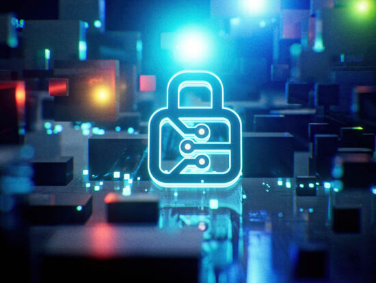 Cybersecurity and encryption background, featuring PCB lock icon on a vibrant blue background highlighting data protection and digital safety.