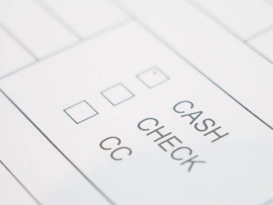 Payment methods on the invoice Cash, Check, and Credit Card