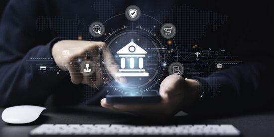 Businesses use smartphones with online banking digital technology, mobile banking for shopping, payment, finance, bank, account, transfer, credit card, financial and global business online