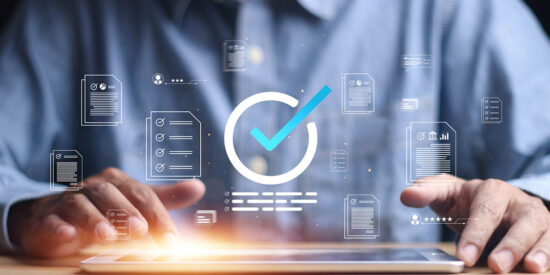 Businessman Take an assessment, Check list, questionnaire, evaluation, filling out an online survey form. Answer the test questions. online survey exam Choosing the right answer in the exam,