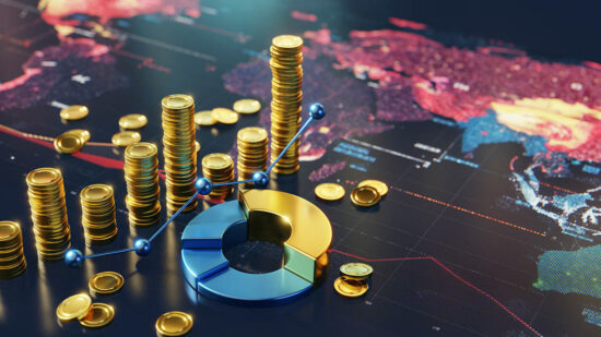 Global Financial Trends Displayed Through Coins, Graphs, and a World Map Visualization
