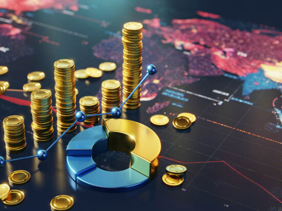 Global Financial Trends Displayed Through Coins, Graphs, and a World Map Visualization