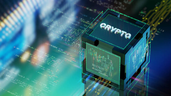 Crypto currency and digital wallets concept background. CGI 3D render