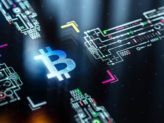 Bitcoin symbol on digital display. Crypto currency and digital wallets background. Block chain in world of technological progress and innovation