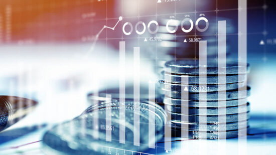 Money and business concept. Reporting charts on investment and success against the background of coins
