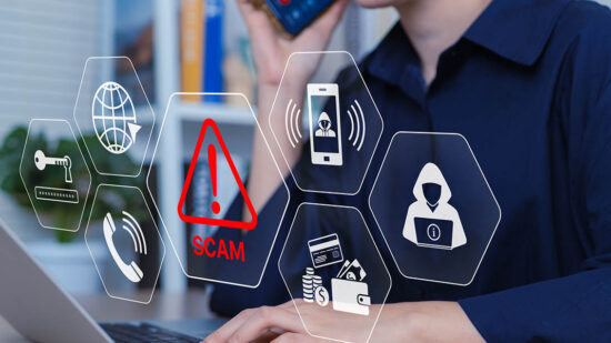 Phone Scam Alert and Cyber Fraud Prevention Concept. Woman on the phone with digital warning icons such as scam alert, hacker, and financial fraud, risks of call center scams, and identity theft.
