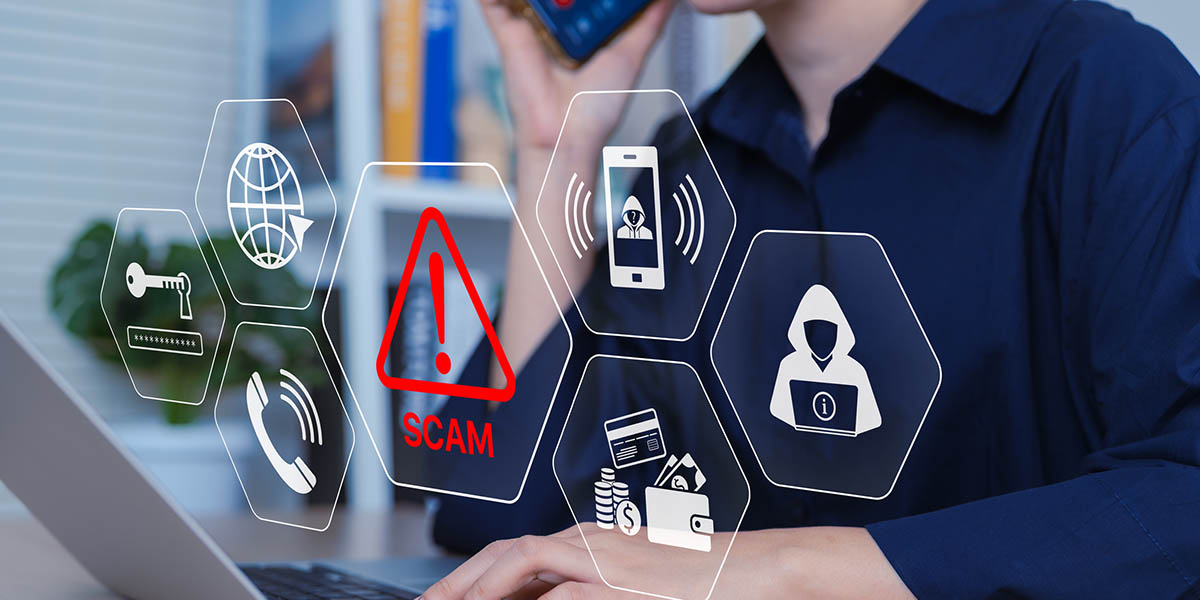 Phone Scam Alert and Cyber Fraud Prevention Concept. Woman on the phone with digital warning icons such as scam alert, hacker, and financial fraud, risks of call center scams, and identity theft.